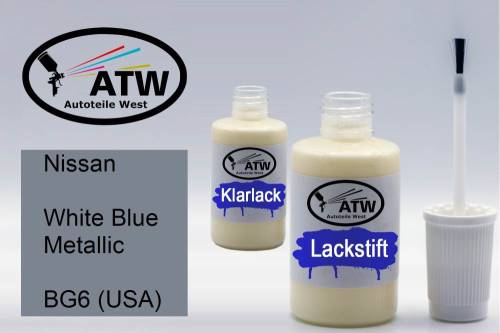 Nissan, White Blue Metallic, BG6 (USA): 20ml Lackstift + 20ml Klarlack - Set, von ATW Autoteile West.